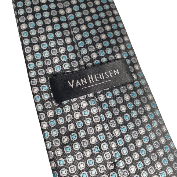 Van Heusen Mens Hexagon Pattern Silk Necktie Black Blue Classic Office Dad Gift - Picture 5 of 5